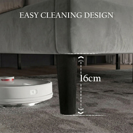 [Double | Grey] Open slat support structure inside diamond-tufted bed frame with tapered dark legs