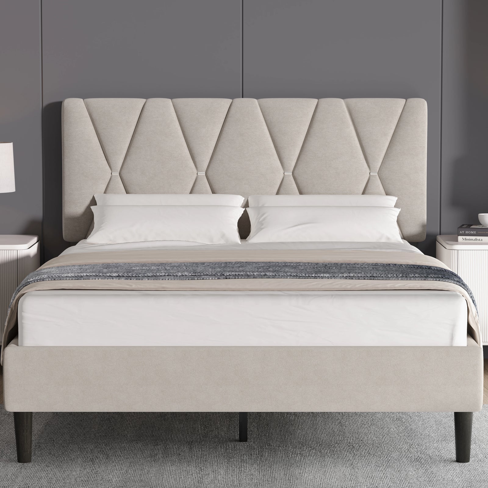 [King | Beige] Front view of velvet bed with diamond-tufted headboard and metal buttons against grey wall