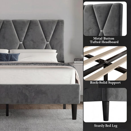 [King | Dark Grey] Detail collage showing metal button tufted headboard and sturdy tapered bed leg and slat support