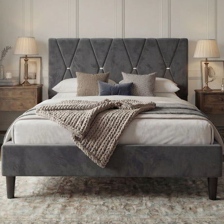 [King | Dark Grey] Velvet bed from the front with X-pattern headboard against white panel moulding