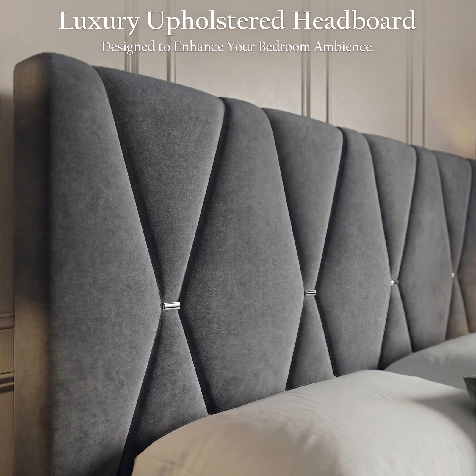[King | Dark Grey] Overhead angled view of velvet bed with diamond headboard in classic white panelled room