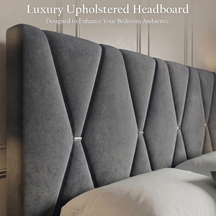 [King | Dark Grey] Overhead angled view of velvet bed with diamond headboard in classic white panelled room