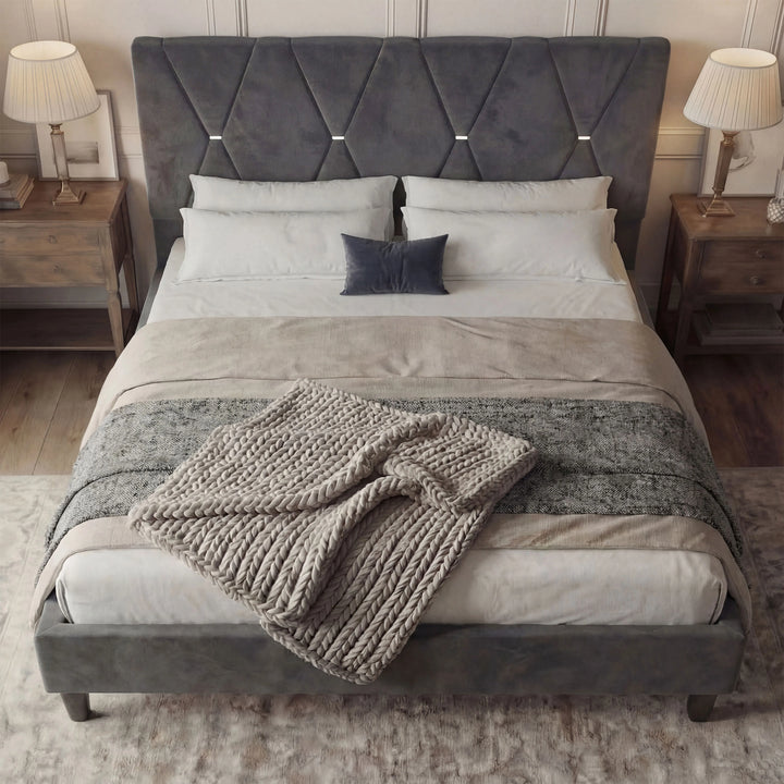 [King | Dark Grey] Velvet bed frame with X-pattern headboard on jute rug with wooden blinds and garden view