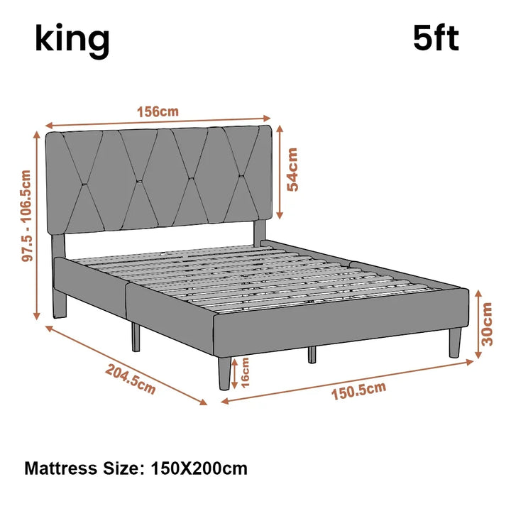 [King | Grey] Dimensions diagram showing 156cm headboard width and 204.5cm length with adjustable height