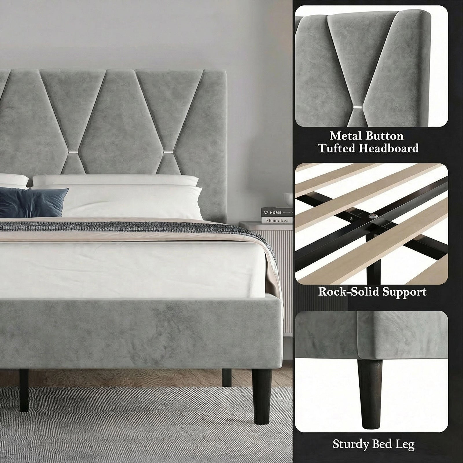 [King | Grey] Detail collage showing metal button tufted headboard and sturdy tapered bed leg and slat support