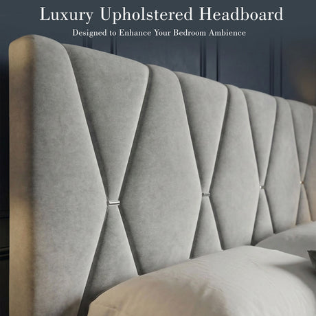 [King | Grey] Overhead angled view of velvet bed with diamond headboard in sage green country bedroom