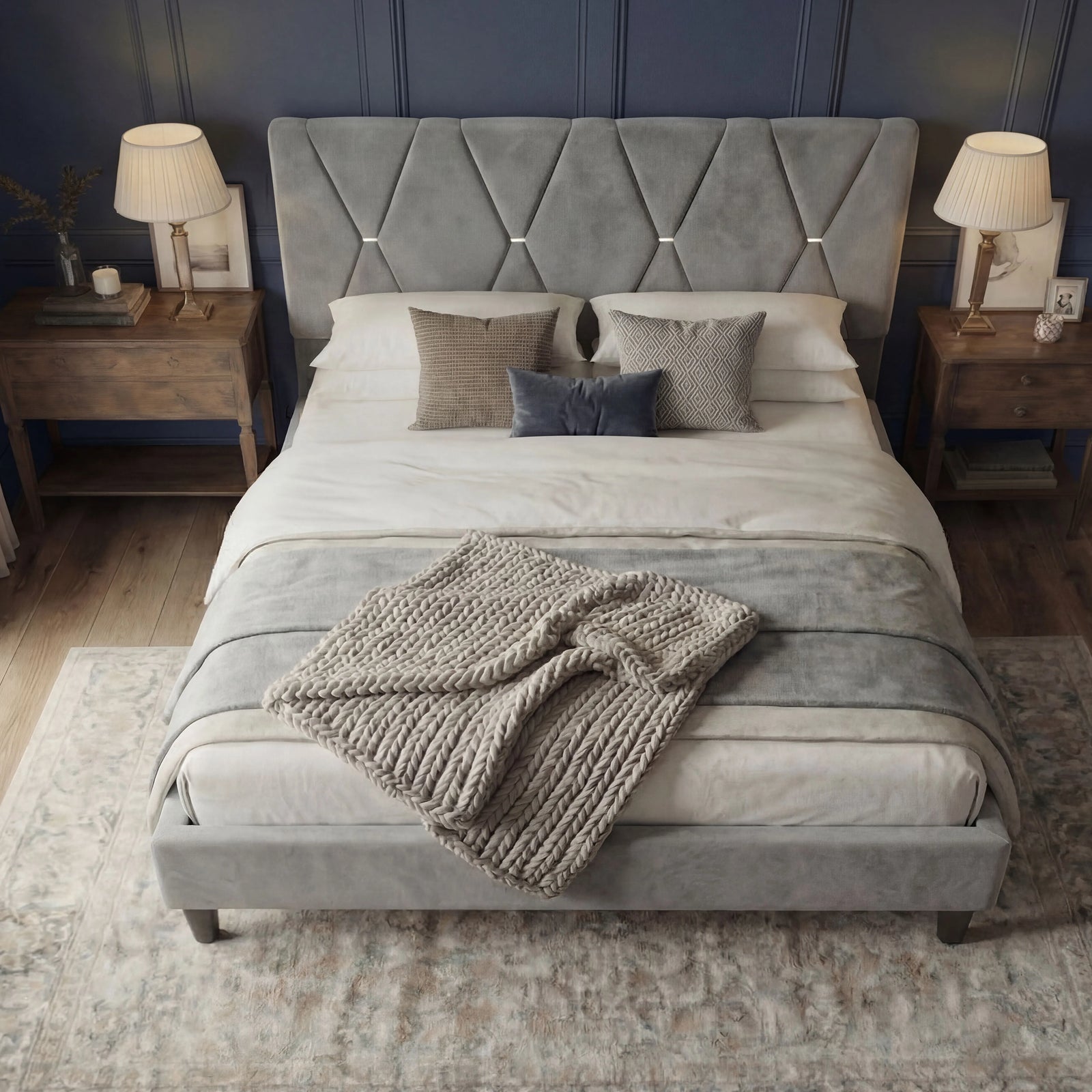 [King | Grey] Velvet bed frame with X-pattern headboard on vintage rug with sheer curtains and natural light