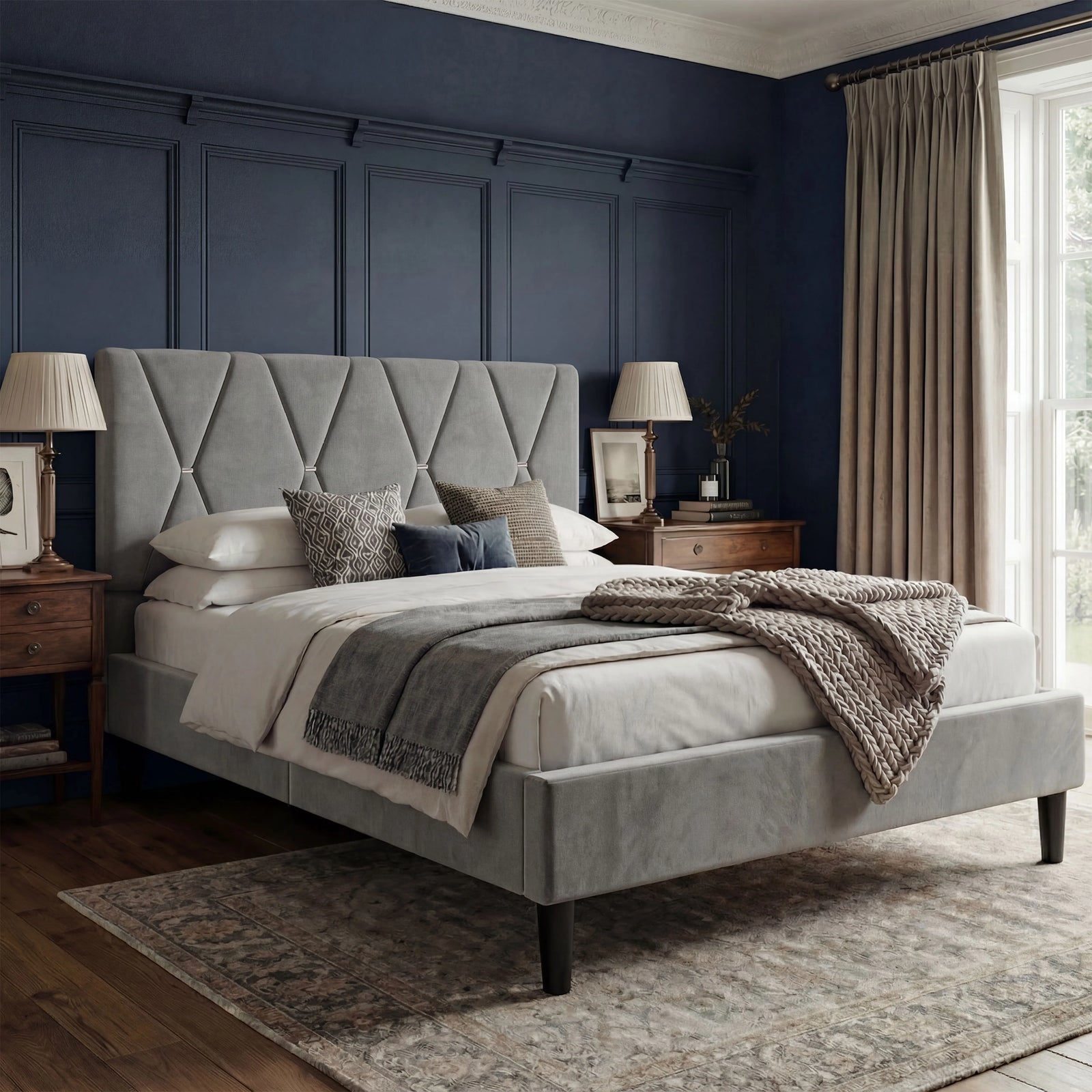[King | Grey] Velvet bed frame with X-pattern headboard on jute rug with wooden blinds and garden view