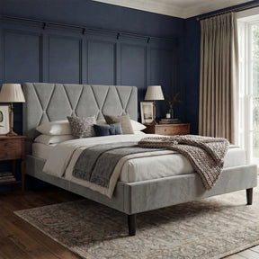 [King | Grey] Velvet bed frame with X-pattern headboard on jute rug with wooden blinds and garden view