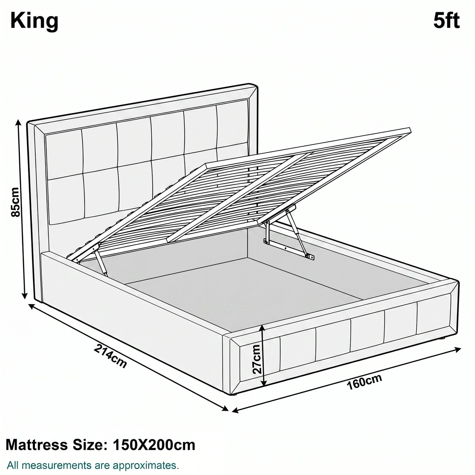 [King | Grey] King 5ft diagram: mattress 150x200cm, frame 160x214cm, headboard 85cm, storage 27cm deep