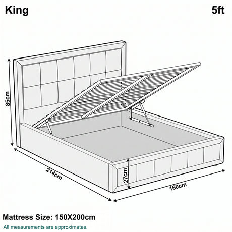 [King | Grey] King 5ft diagram: mattress 150x200cm, frame 160x214cm, headboard 85cm, storage 27cm deep