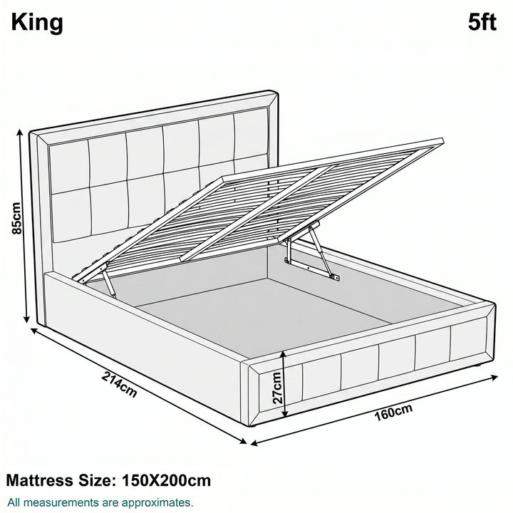 [King | Grey] King 5ft diagram: mattress 150x200cm, frame 160x214cm, headboard 85cm, storage 27cm deep
