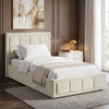 [Single | Beige] upholstered bed frame with a padded headboard and matching footboard, shown in a styled bedroom setting with white bedding, a beige throw blanket, a nightstand, and a window.