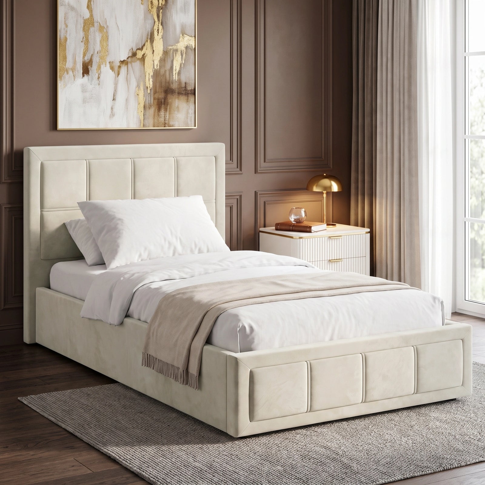 [Single | Beige] upholstered bed frame with a padded headboard and matching footboard, shown in a styled bedroom setting with white bedding, a beige throw blanket, a nightstand, and a window.