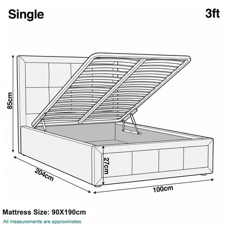 [Single | Beige] Single 3ft diagram: mattress 90x190cm, frame 100x204cm, headboard 85cm, storage 27cm deep