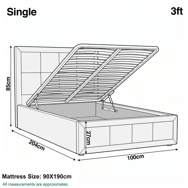 [Single | Beige] Single 3ft diagram: mattress 90x190cm, frame 100x204cm, headboard 85cm, storage 27cm deep