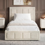 [Single | Beige] Velvet end lift ottoman bed shot head-on, dressed in white sheets with throw runner across mattress