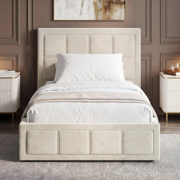 [Single | Beige] Velvet end lift ottoman bed shot head-on, dressed in white sheets with throw runner across mattress