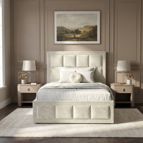 [Single | Beige] Velvet end lift ottoman bed shot head-on, dressed in white sheets with throw runner across mattress