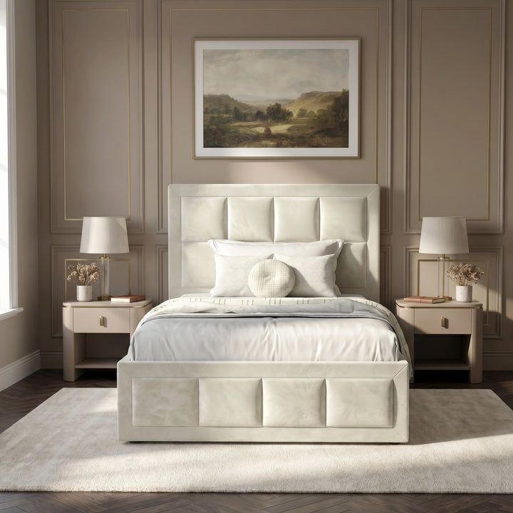 [Single | Beige] Velvet end lift ottoman bed shot head-on, dressed in white sheets with throw runner across mattress