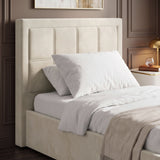 [Single | Beige] Close-up of velvet ottoman storage bed headboard showing vertical padded channel panels