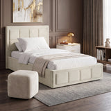 [Single | Beige] upholstered bed frame with a matching headboard and footboard, styled in a modern bedroom setting with a matching ottoman, gray rug, wooden floor, and neutral decor.