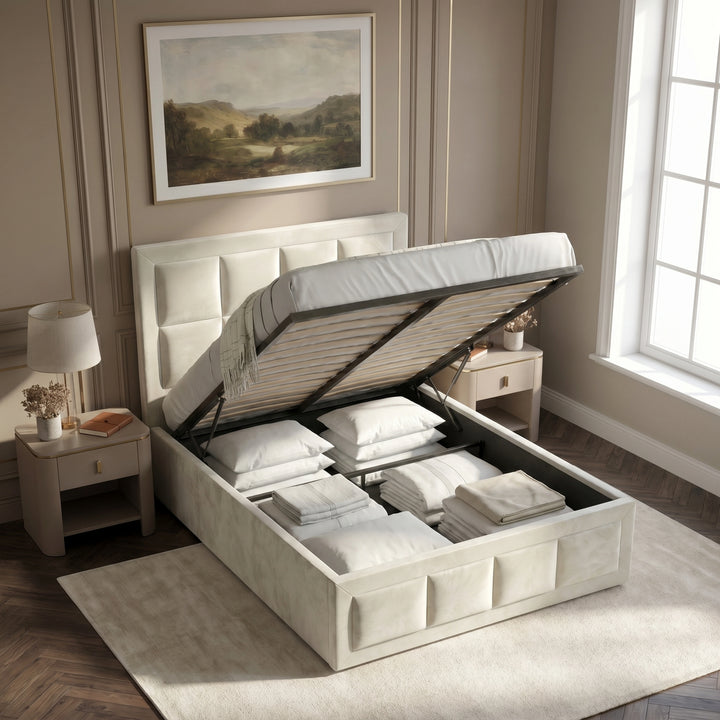 [Single | Beige] Velvet ottoman storage bed lid raised showing slatted base and folded bedding in compartment