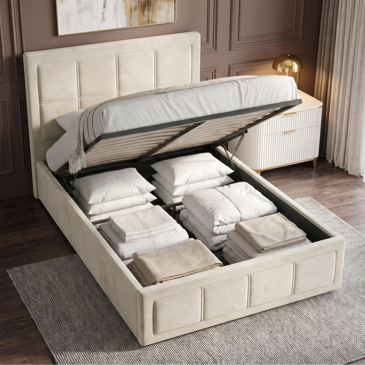 [Single | Beige] Velvet ottoman storage bed lid raised showing slatted base and folded bedding in compartment
