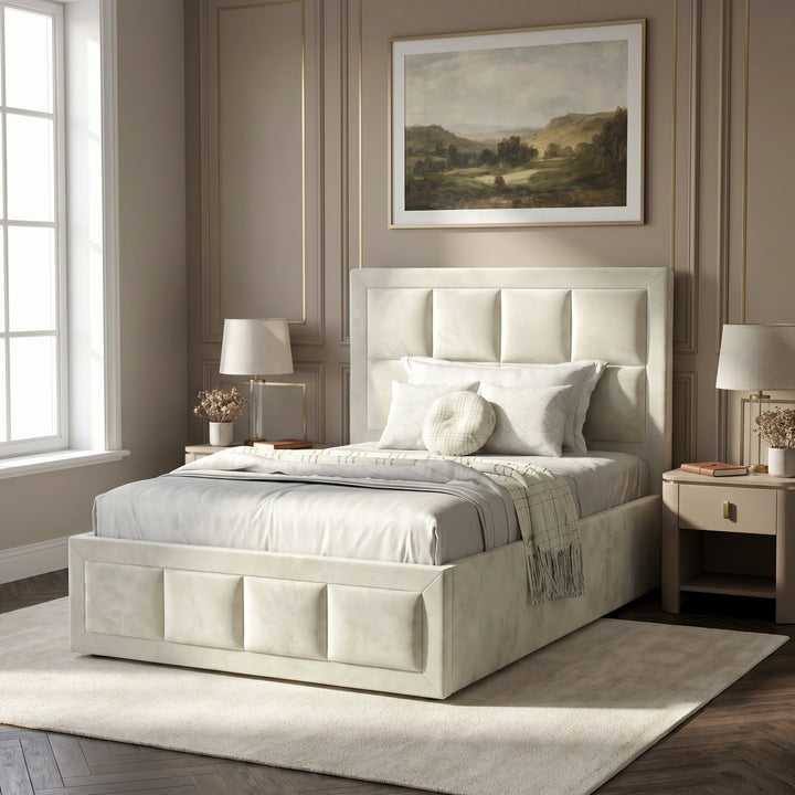 [Single | Beige] Velvet ottoman storage bed in bedroom with window light, throw runner draped across the mattress