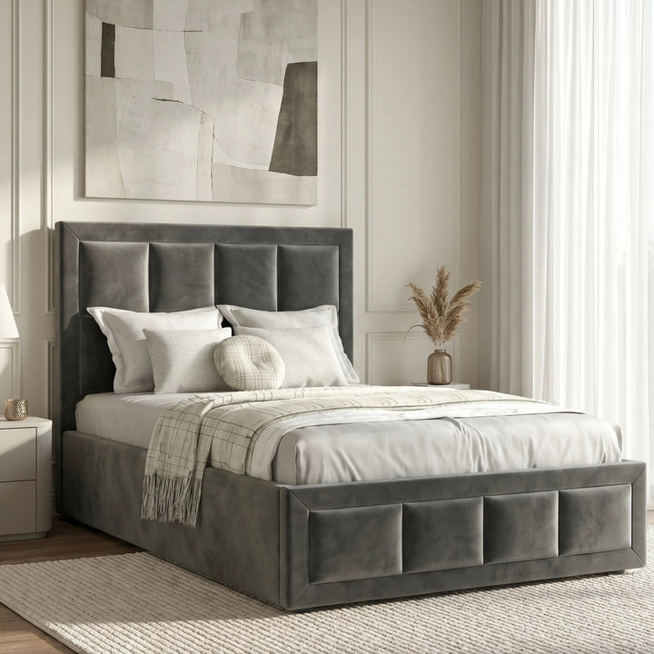 [Single | Grey] Velvet ottoman storage bed angled view with channel-panel headboard and decorative base squares