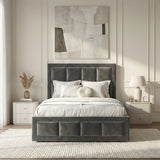[Single | Grey] Velvet end lift ottoman bed shot head-on, dressed in white sheets with throw runner across mattress