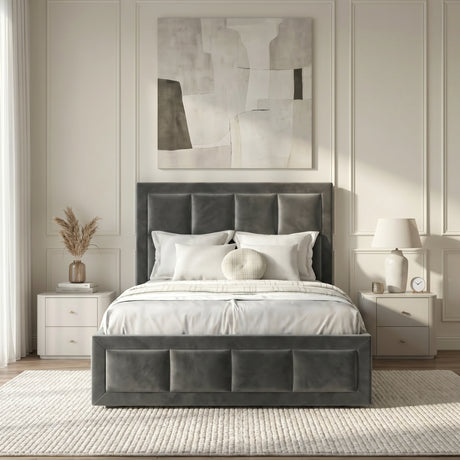 [Single | Grey] Velvet end lift ottoman bed shot head-on, dressed in white sheets with throw runner across mattress