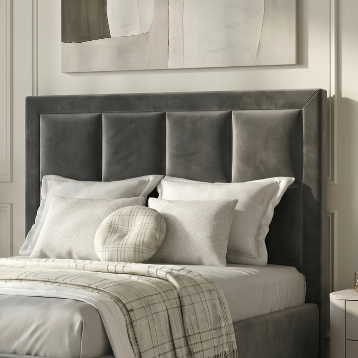 [Single | Grey] Velvet ottoman storage bed headboard detail with stitched panel sections and stacked pillows below