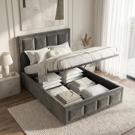 [Single | Grey] Velvet end lift ottoman bed open, exposing under-bed storage filled with pillows, sheets and throws