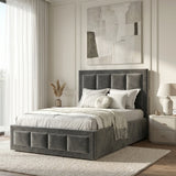 [Single | Grey] Velvet ottoman storage bed in bedroom with window light, throw runner draped across the mattress