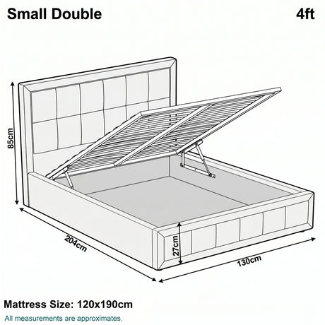 [Small Double | Grey] Small Double 4ft diagram: mattress 120x190cm, frame 130x204cm, headboard 85cm, storage 27cm deep