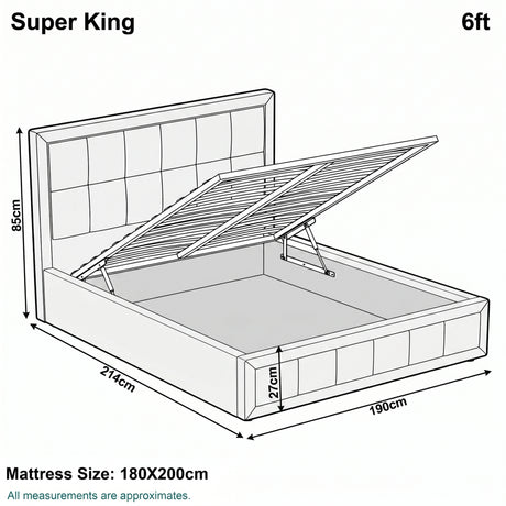 [Super King | Grey] Super King 6ft diagram: mattress 180x200cm, frame 190x214cm, headboard 85cm, storage 27cm deep