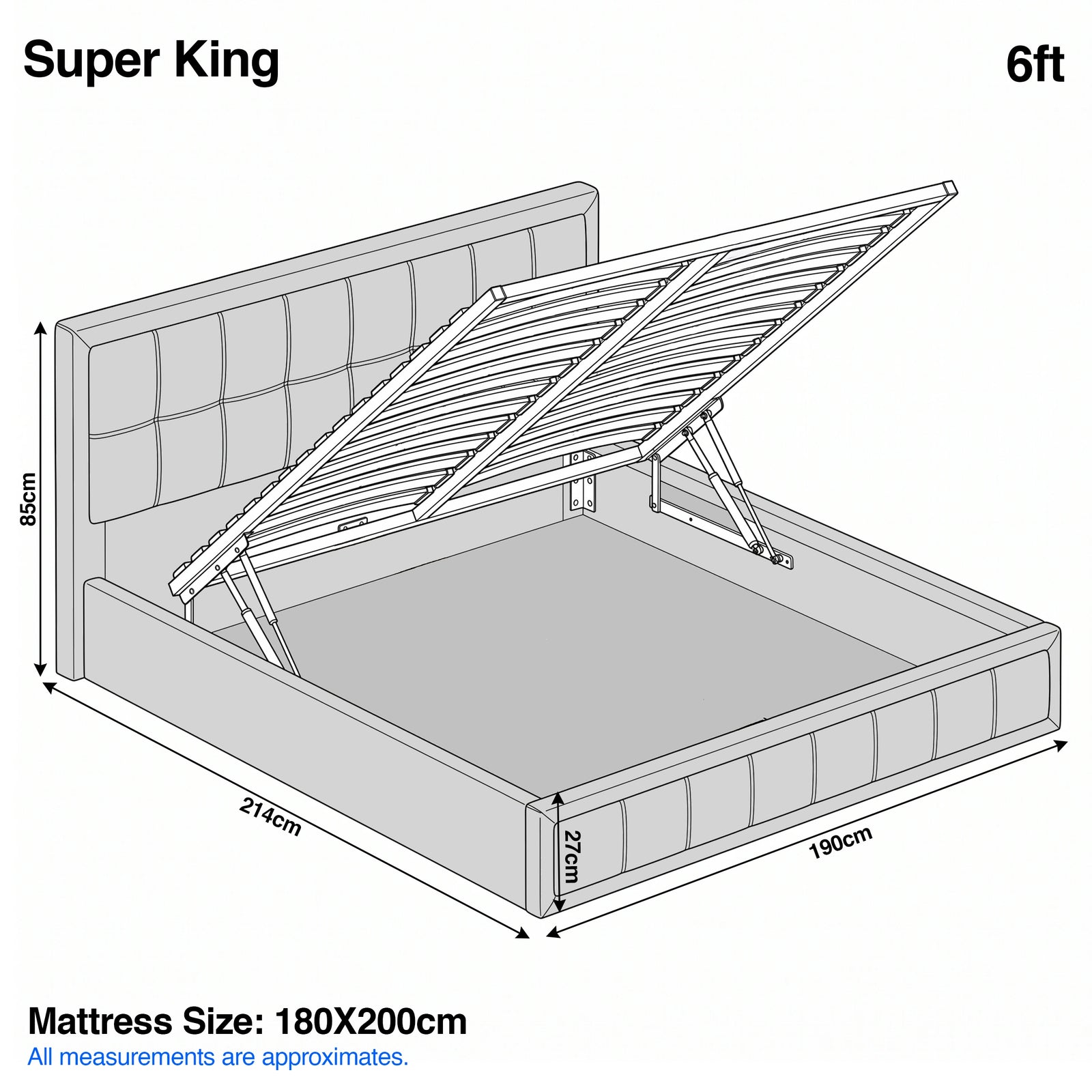 [Super King | Grey] Super King 6ft diagram: mattress 180x200cm, frame 190x214cm, headboard 85cm, storage 27cm deep