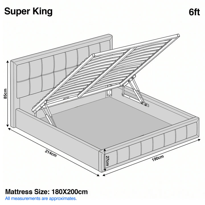 [Super King | Grey] Super King 6ft diagram: mattress 180x200cm, frame 190x214cm, headboard 85cm, storage 27cm deep