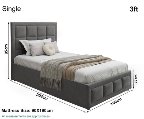 Single ottoman bed size 204cm x 85cm x 100cm, with stylish design and storage.
