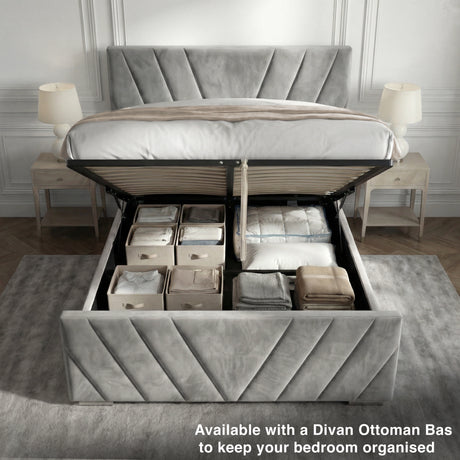 View of the velvet king-size grey ottoman bed with the storage compartment opened, highlighting its spacious interior