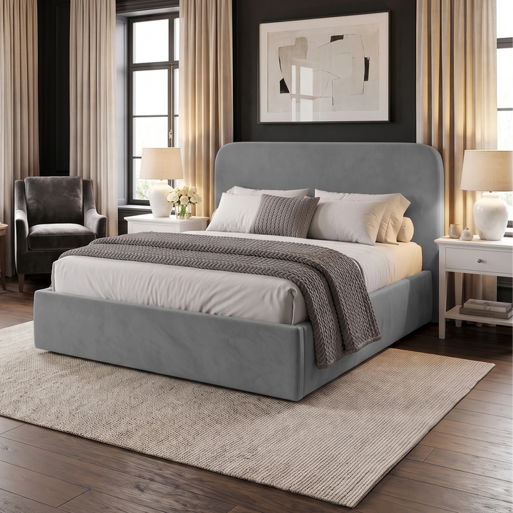 [Light Grey | King] bedroom featuring a light gray upholstered bed frame with a high curved headboard, styled with neutral bedding
