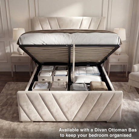 Beige velvet ottoman double bed with an open storage space, revealing ample capacity of containing multiple items