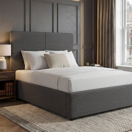 [Double | Grey] Double velvet ottoman bed in dark grey with ribbed headboard and footboard in a panelled bedroom
