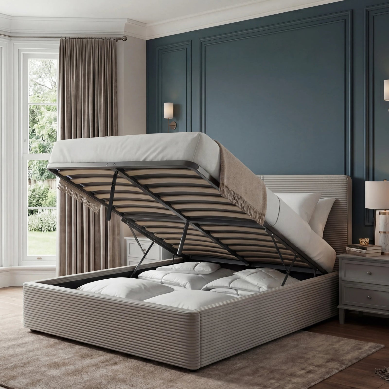 [Double | Light Grey] Light grey velvet ottoman bed showing gas lift double storage, duvet and pillows inside the base