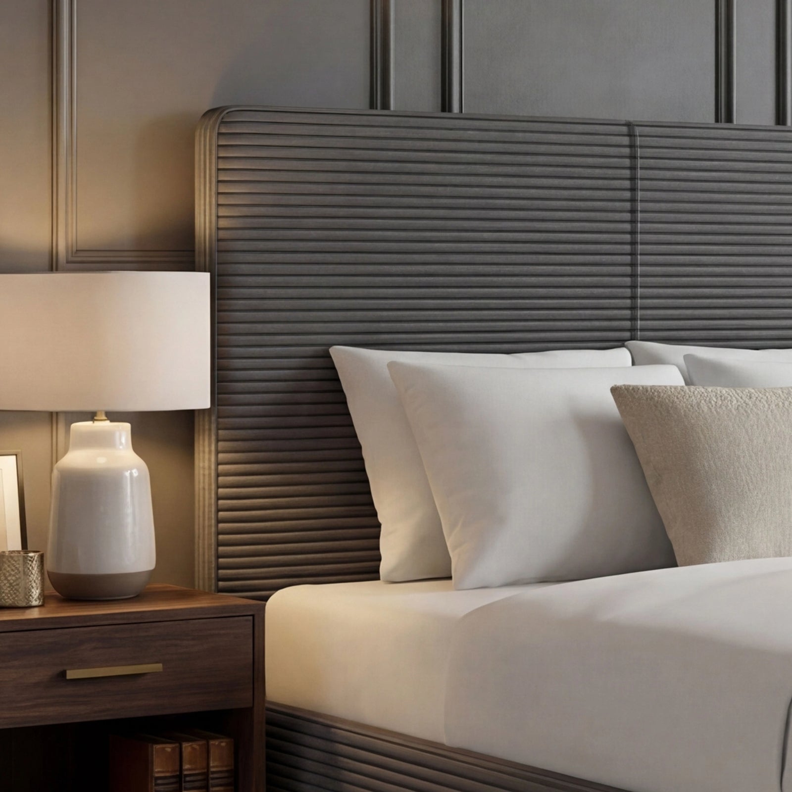 [Single | Grey] Velvet ottoman bed ribbed headboard panel shown from the side with pillows stacked on the mattress