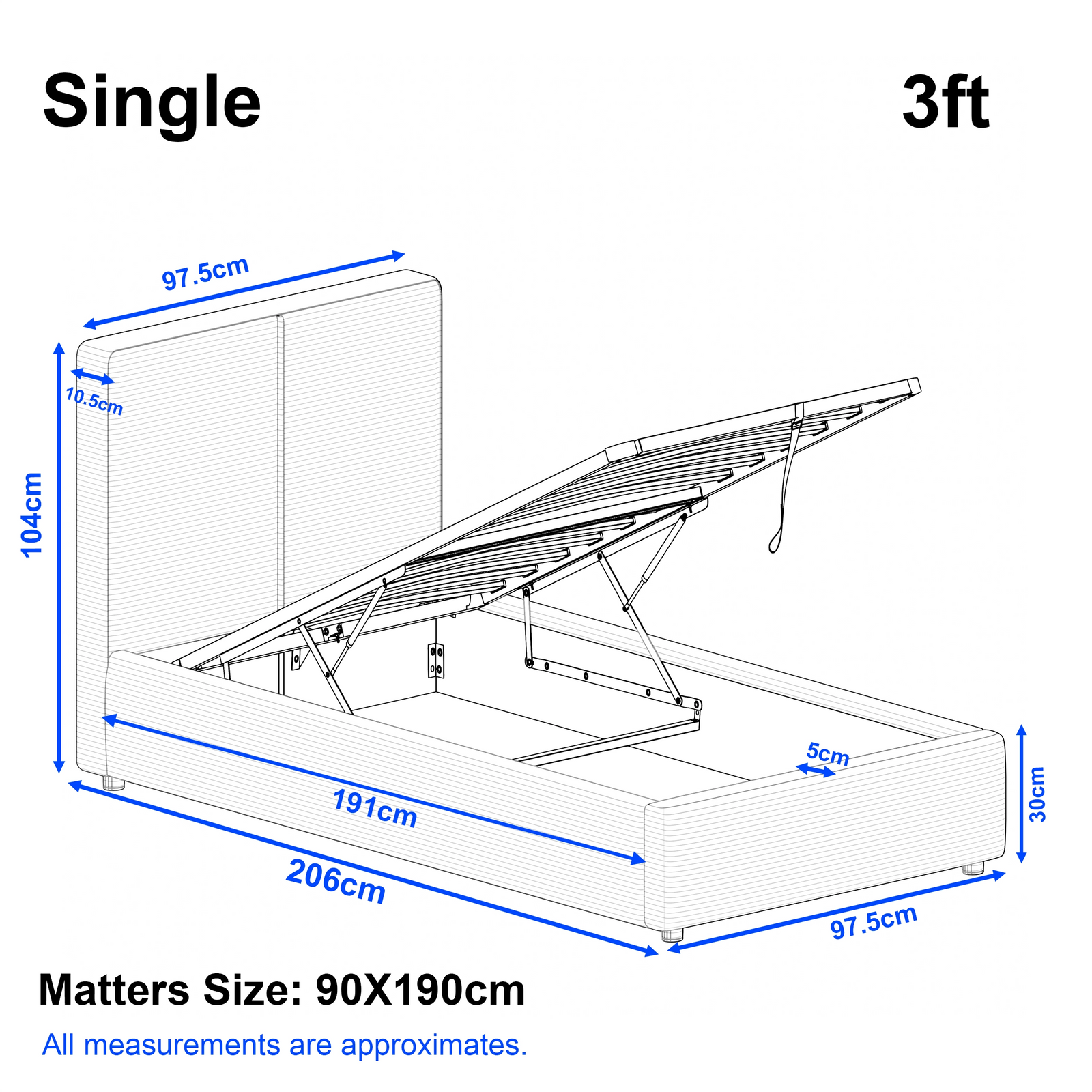 [Single | Light Grey] Single velvet ottoman bed diagram: 206 x 97.5 cm frame, headboard 104 cm, lifted base on gas struts