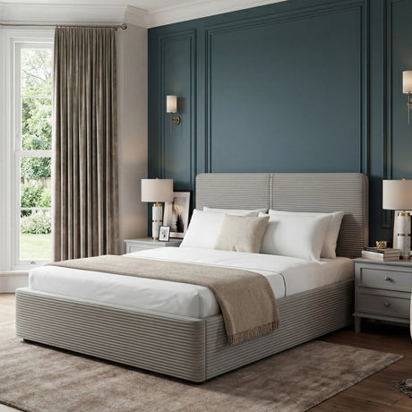 [Single | Light Grey] Single size velvet ottoman bed, pale grey ribbed base and upholstered headboard, bedside lamp lit