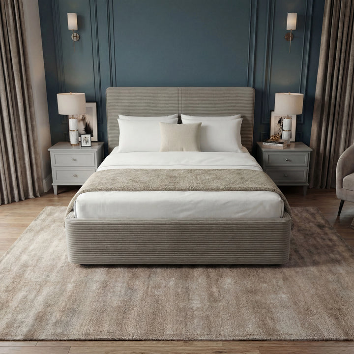 [Single | Light Grey] Full view of single velvet ottoman bed in light grey, dressed with cream throw at the foot