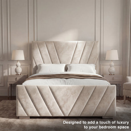 Front view of the beige velvet ottoman double bed frame with a soft and luxurious padded headboard